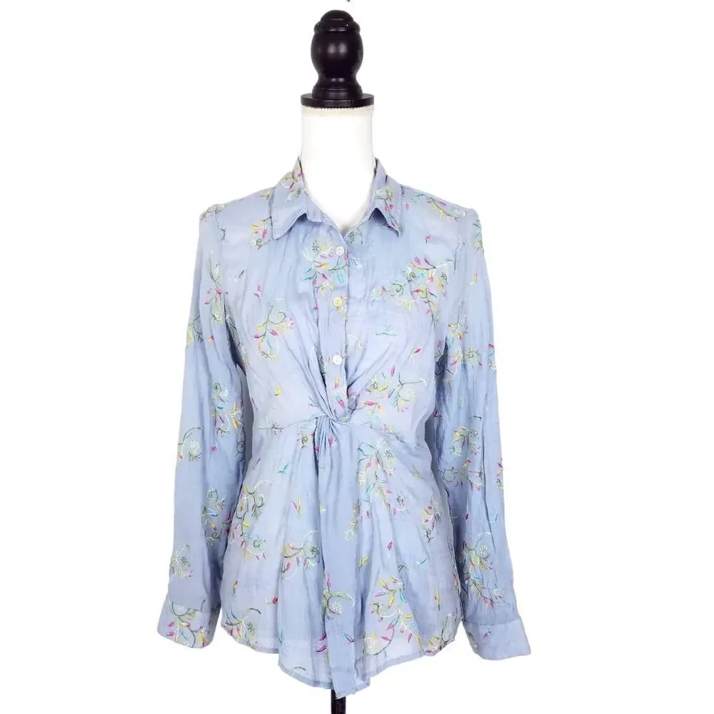 Hope Springs Floral Embroidery Twist Front Button Down Shirt Blue Size Medium - Picture 1 of 6